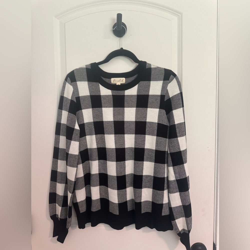 Marled Crewneck Buffalo check plaid puff cuff puff sleeve sweater Sz M basic